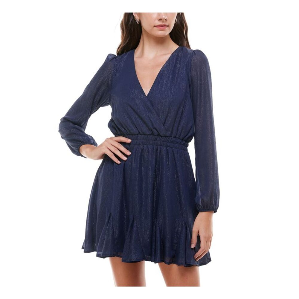 TRIXXI Womens Navy Sheer Surplice Neckline Short Evening Dress XS